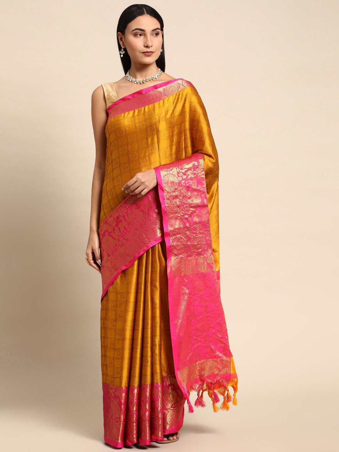 

DIVASTRI Woven Design Zari Banarasi Saree With Unstitched Blouse Piece, Yellow