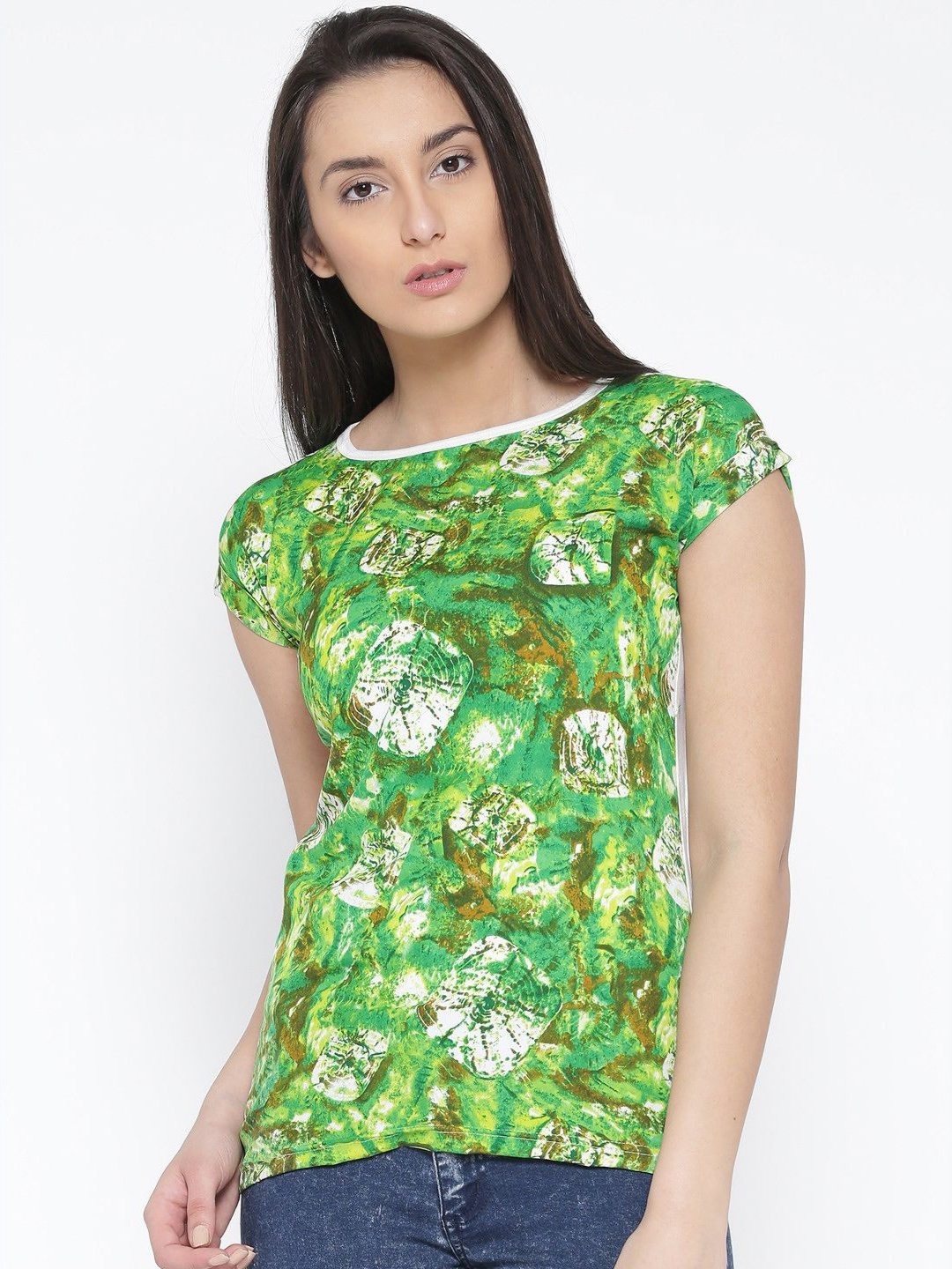 

Moda Rapido Women Abstract Printed Round Neck Cotton Slim Fit T-shirt, Green