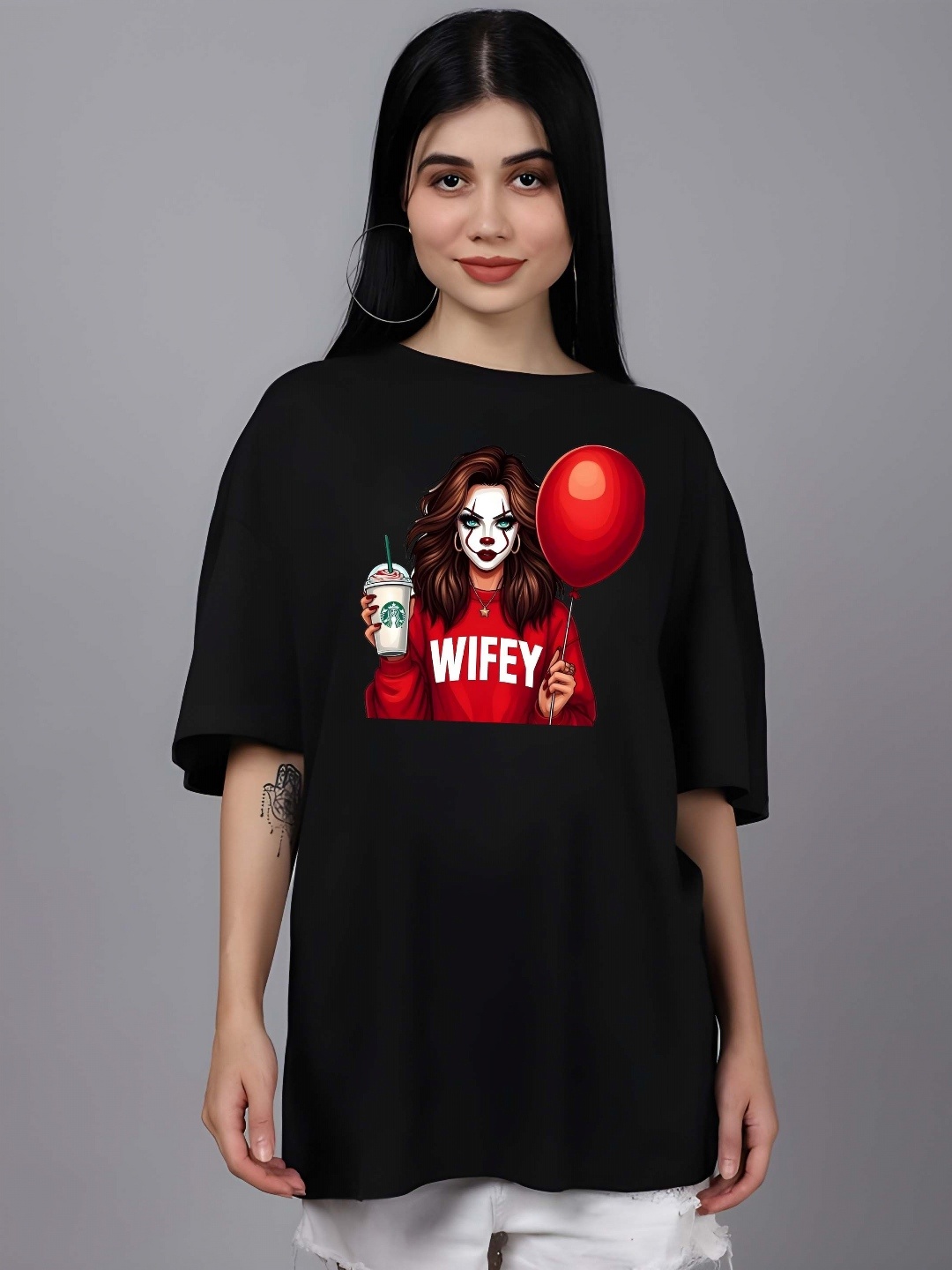 

SZN Women Graphic Printed Round Neck Cotton Oversized T-shirt, Black