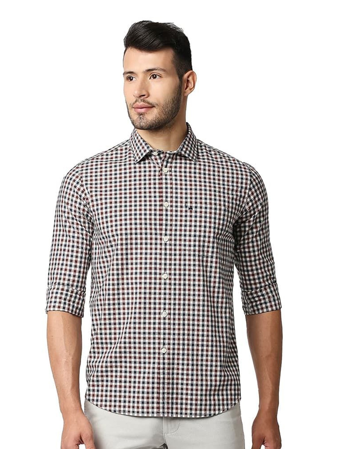 

Basics Men Relaxed Fit Spread Collar Gingham Checked Cotton Casual Shirt, Brown