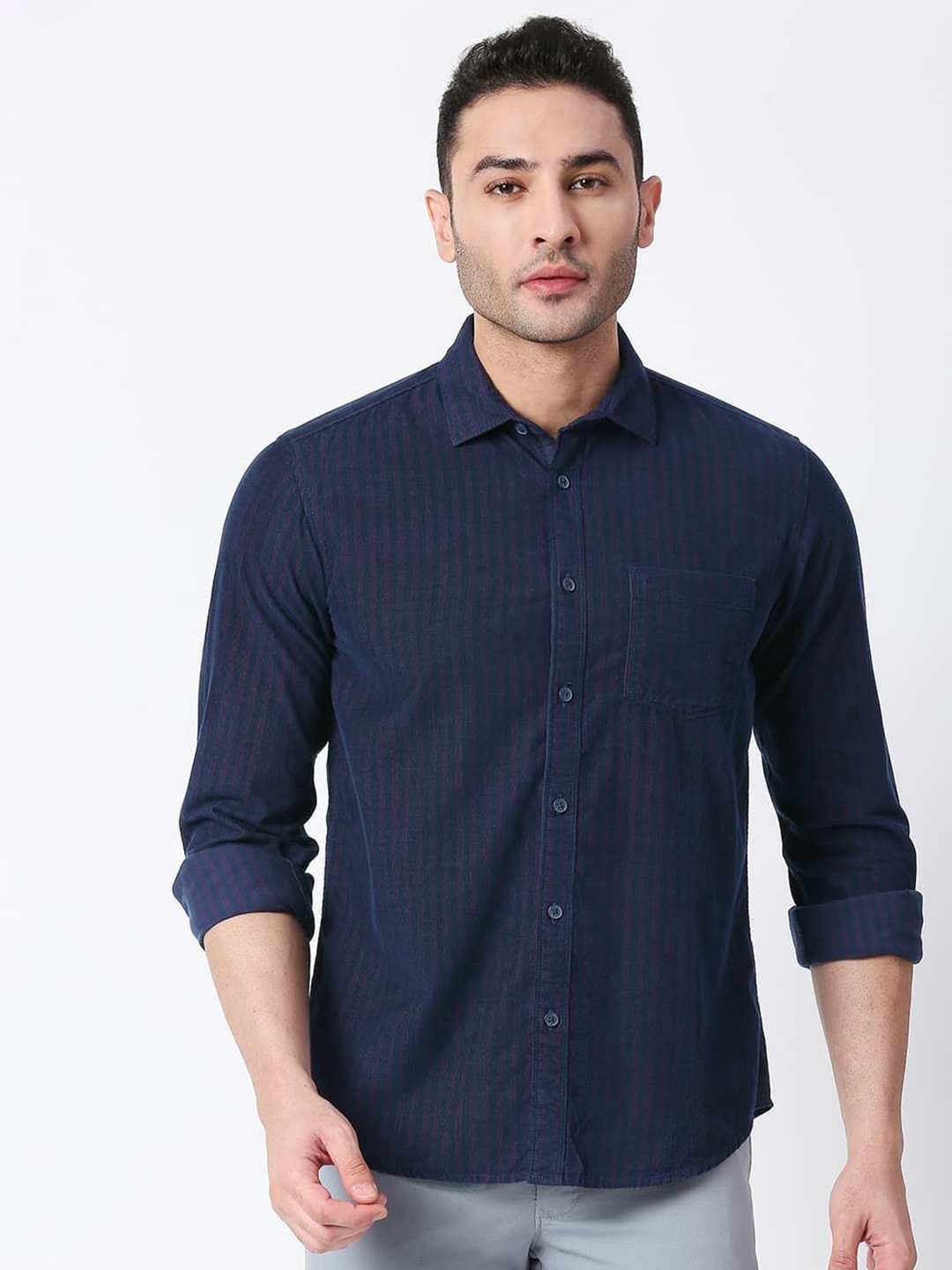 

Basics Men Relaxed Fit Spread Collar Textured Cotton Casual Shirt, Purple