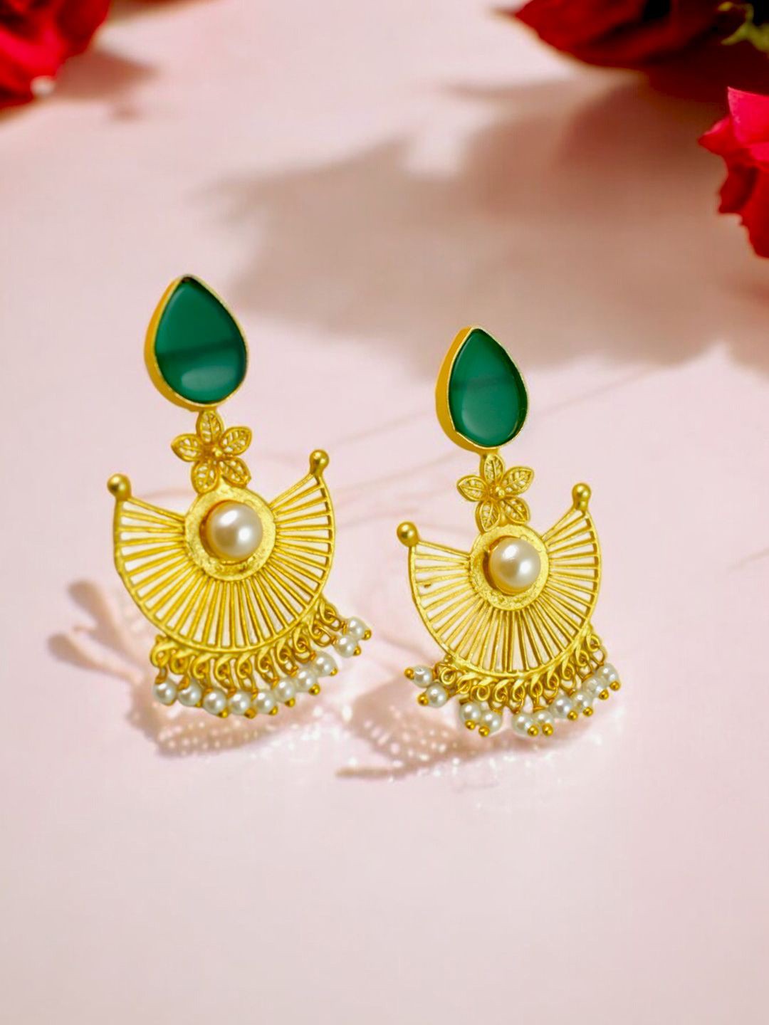 

TISHUL JEWELS Gold-Plated Stones Studded And Beaded Contemporary Shaped Drop Earrings