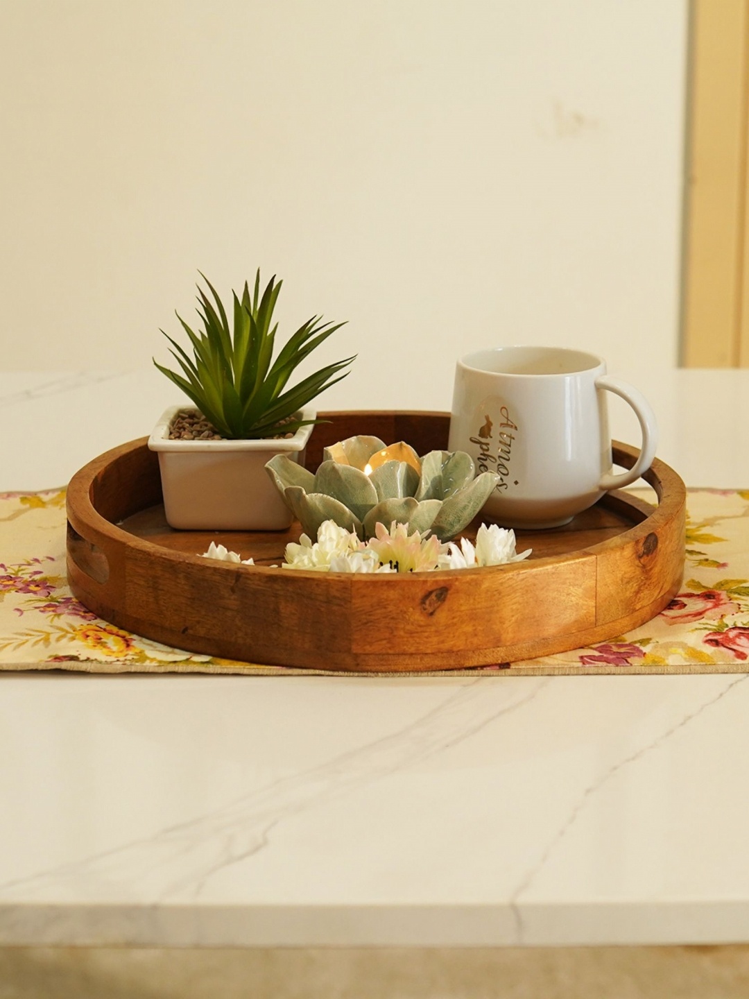

WOODEN STREET Garden Grace Green & Cream Floral Printed Pure Cotton Table Runner