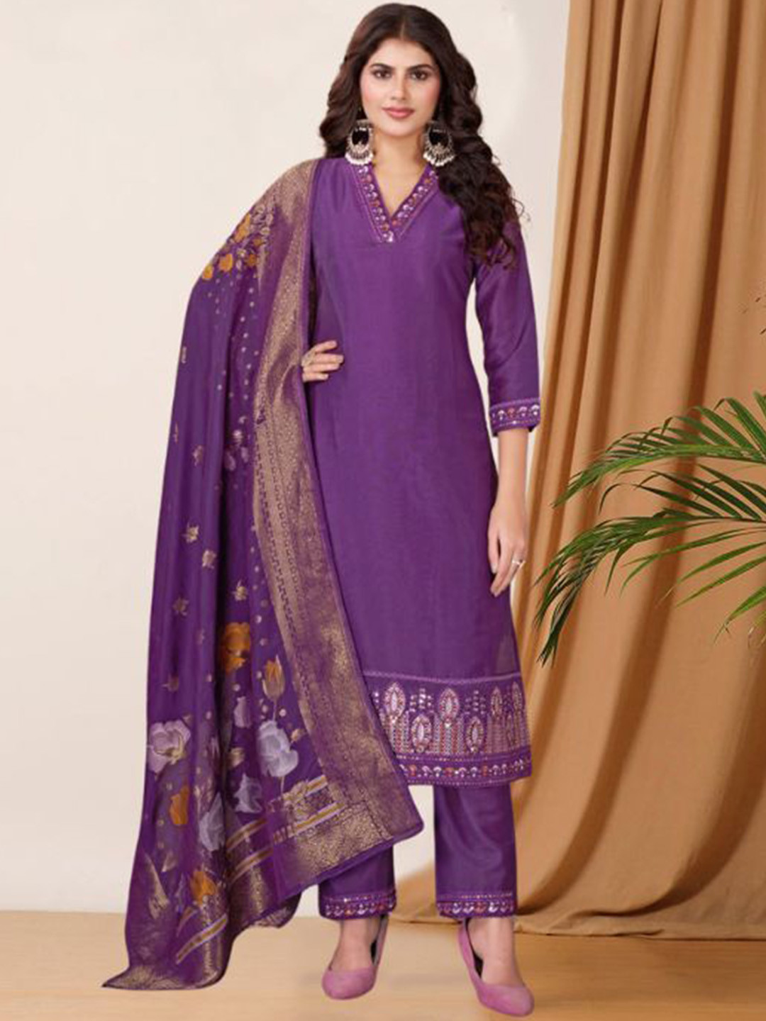 

PARROT CREATION Embroidered Sequinned V-Neck Pure Silk Kurta With Trousers And Dupatta, Purple