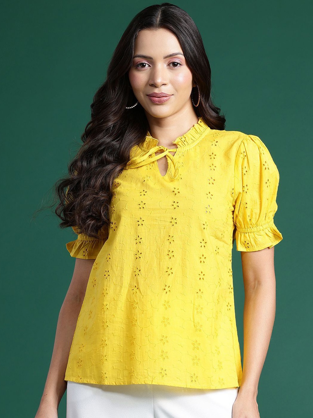 

DressBerry Women Tie-Up Neck Cotton Top, Yellow