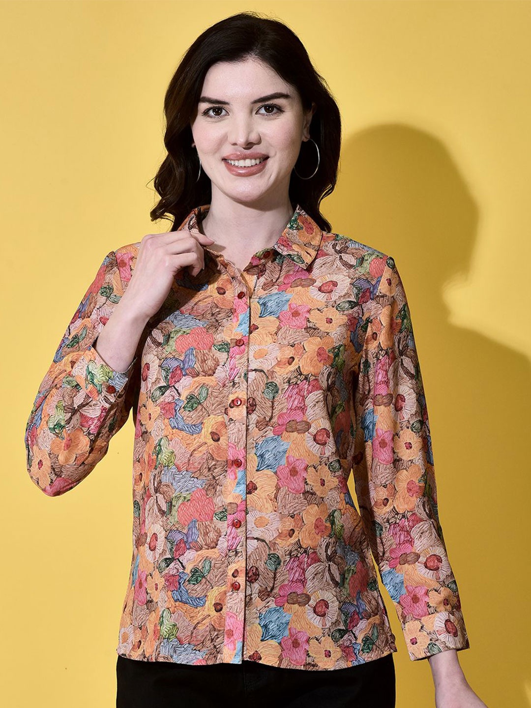 

FUTURO Women Floral Printed Shirt Collar Top, Orange