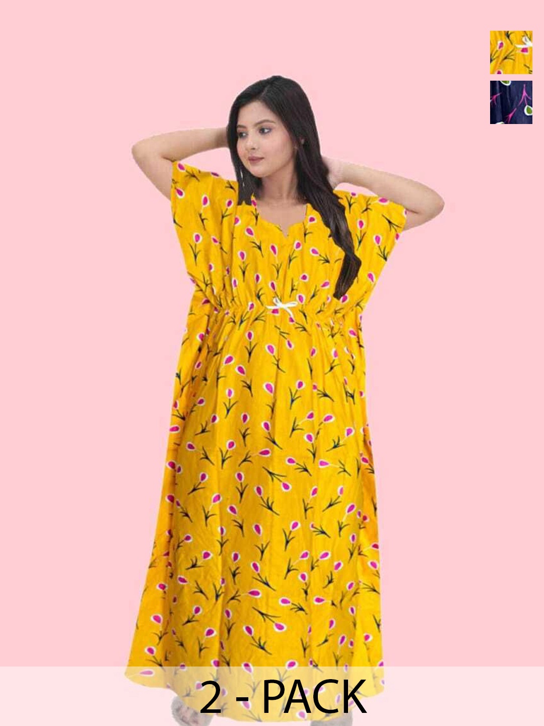 

PR PINK ROYAL Women Pack of 2 Printed Pure Cotton Maxi Kaftan Nightdress, Blue