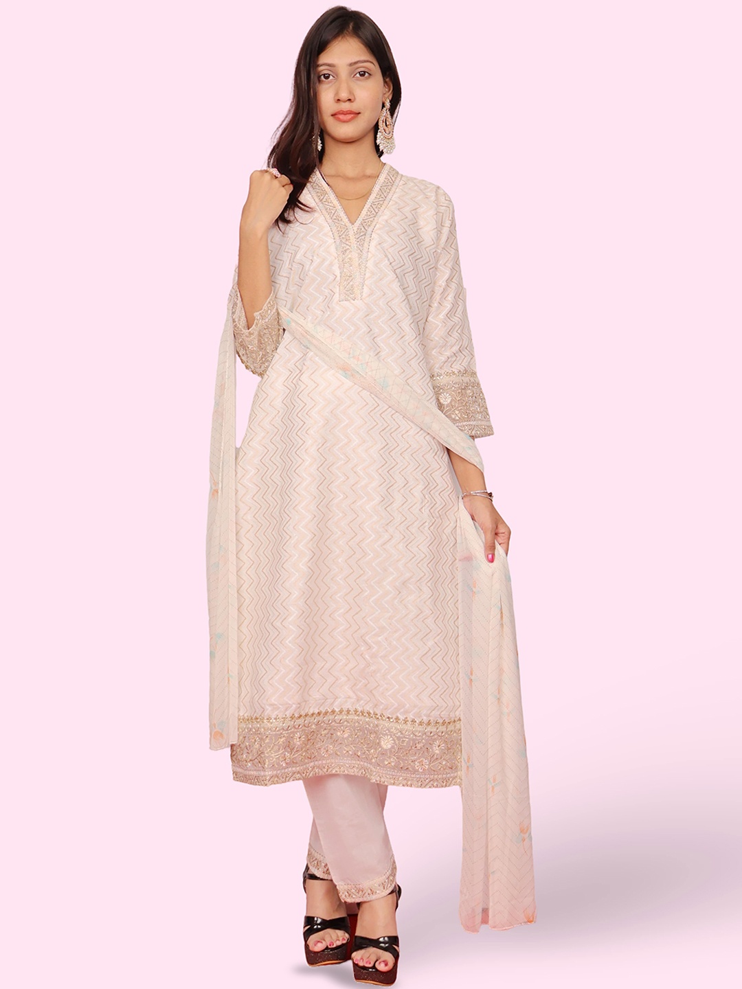 

Shreekama Chevron Woven Design V Neck kurta With Trouser & Dupatta, Off white