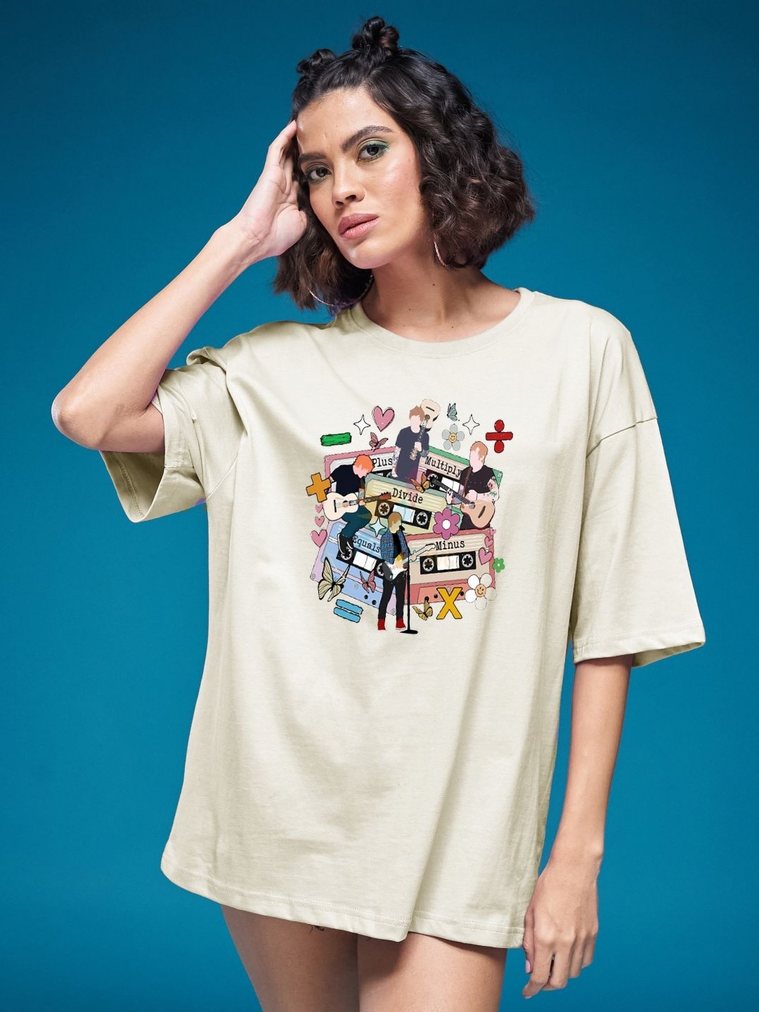 

SMARTEES Women Graphic Printed Round Neck Cotton Oversized T-shirt, Beige