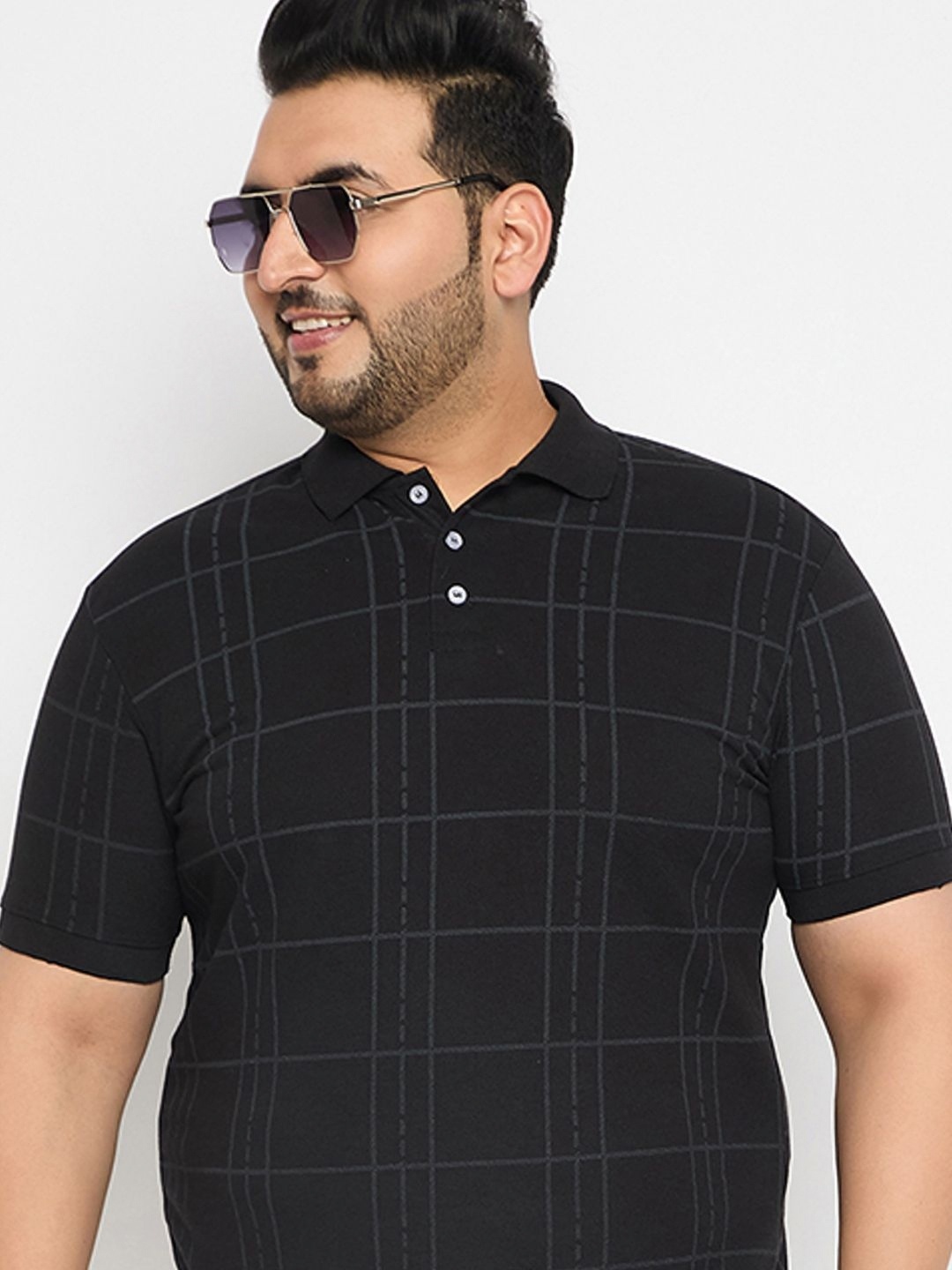 

RELANE Men Plus Size Checked Polo Collar Cotton T-shirt, Black