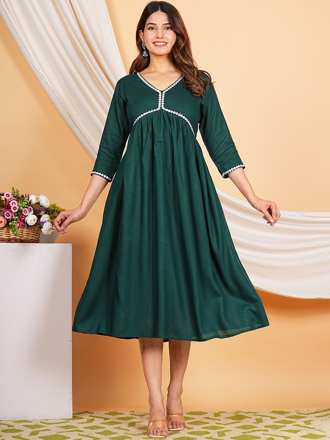 

AP2KURTI V-neck Mirror Work Empire Ethnic Dress, Green