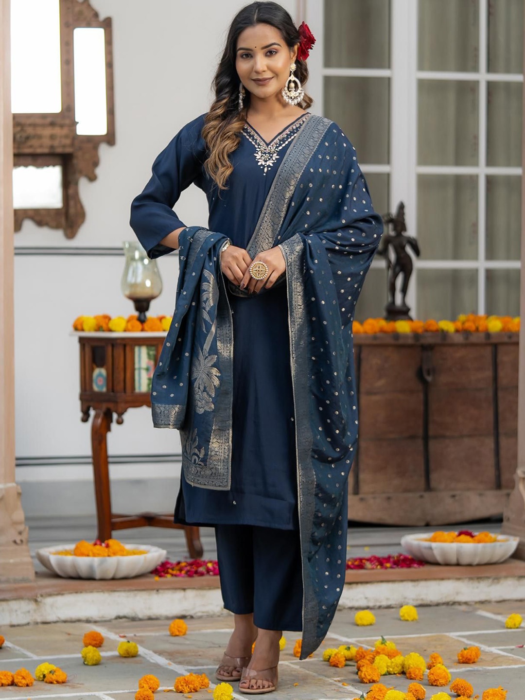 

Moda Rapido Blue Yoke Design V-Neck Raw Silk Straight Kurta With Trousers & Dupatta