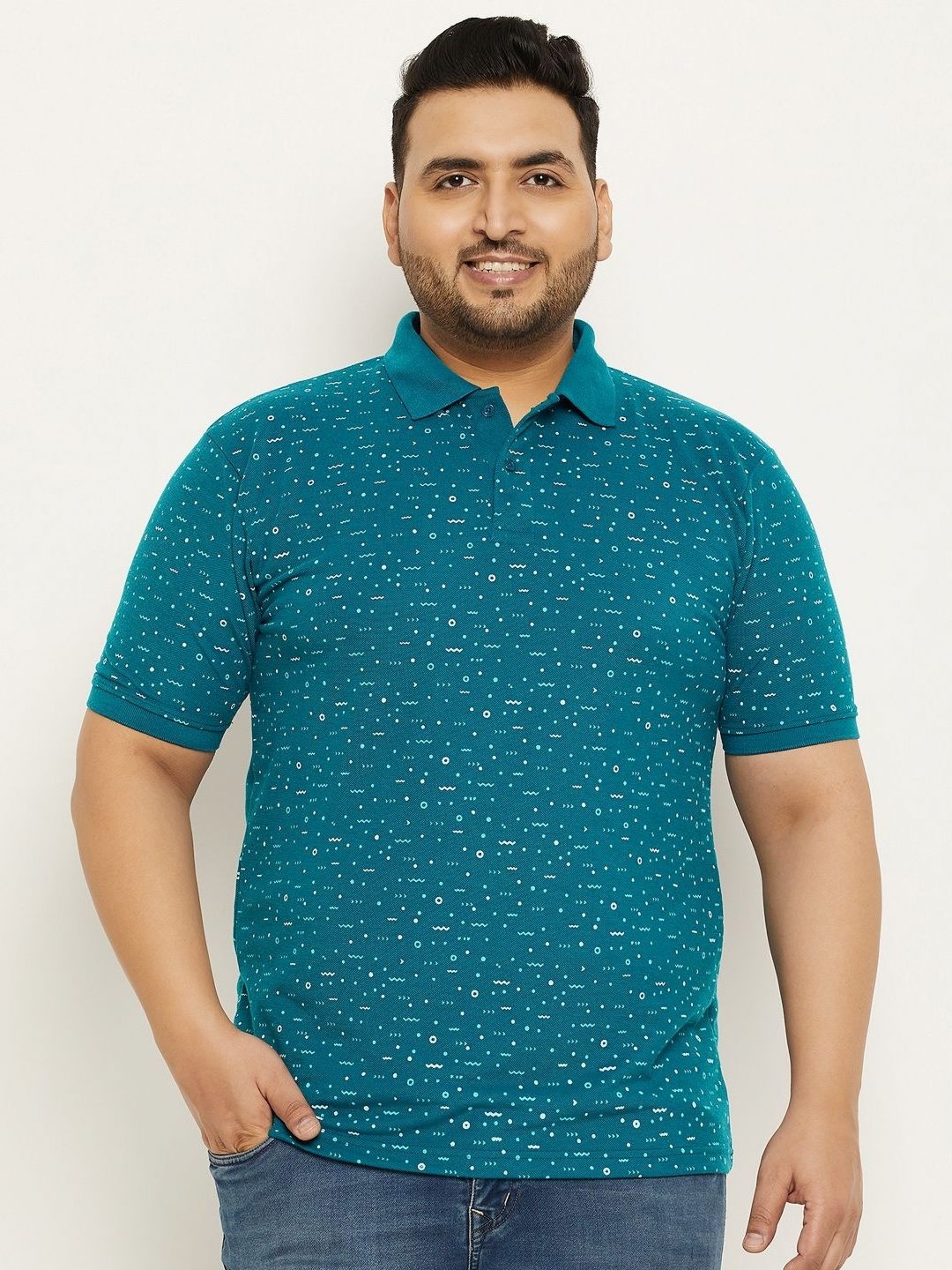 

NYKER Men Plus Size Geometric Printed Polo Collar Cotton T-shirt, Teal