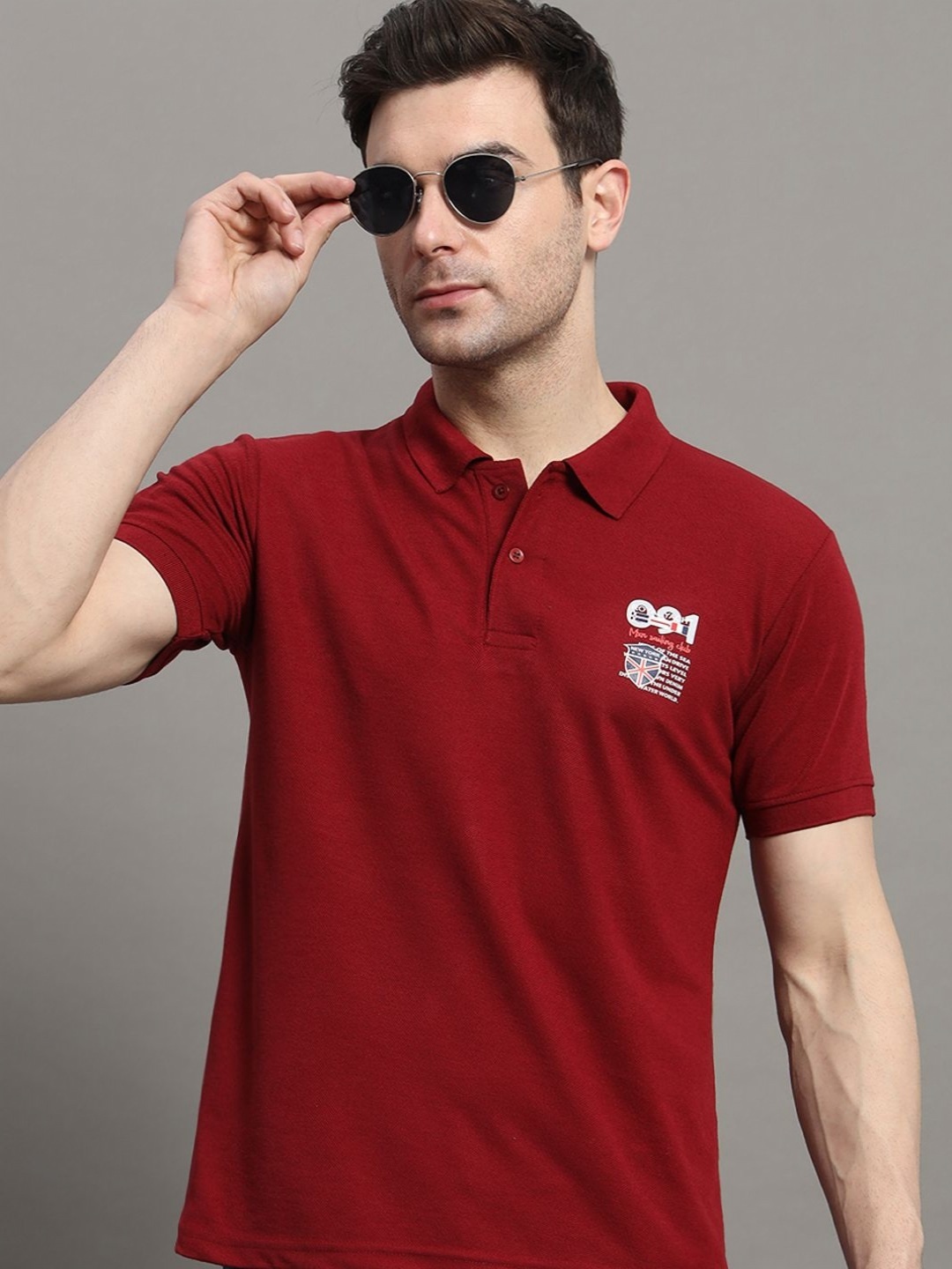

NYKER Men Graphic Printed Polo Collar Cotton T-shirt, Maroon