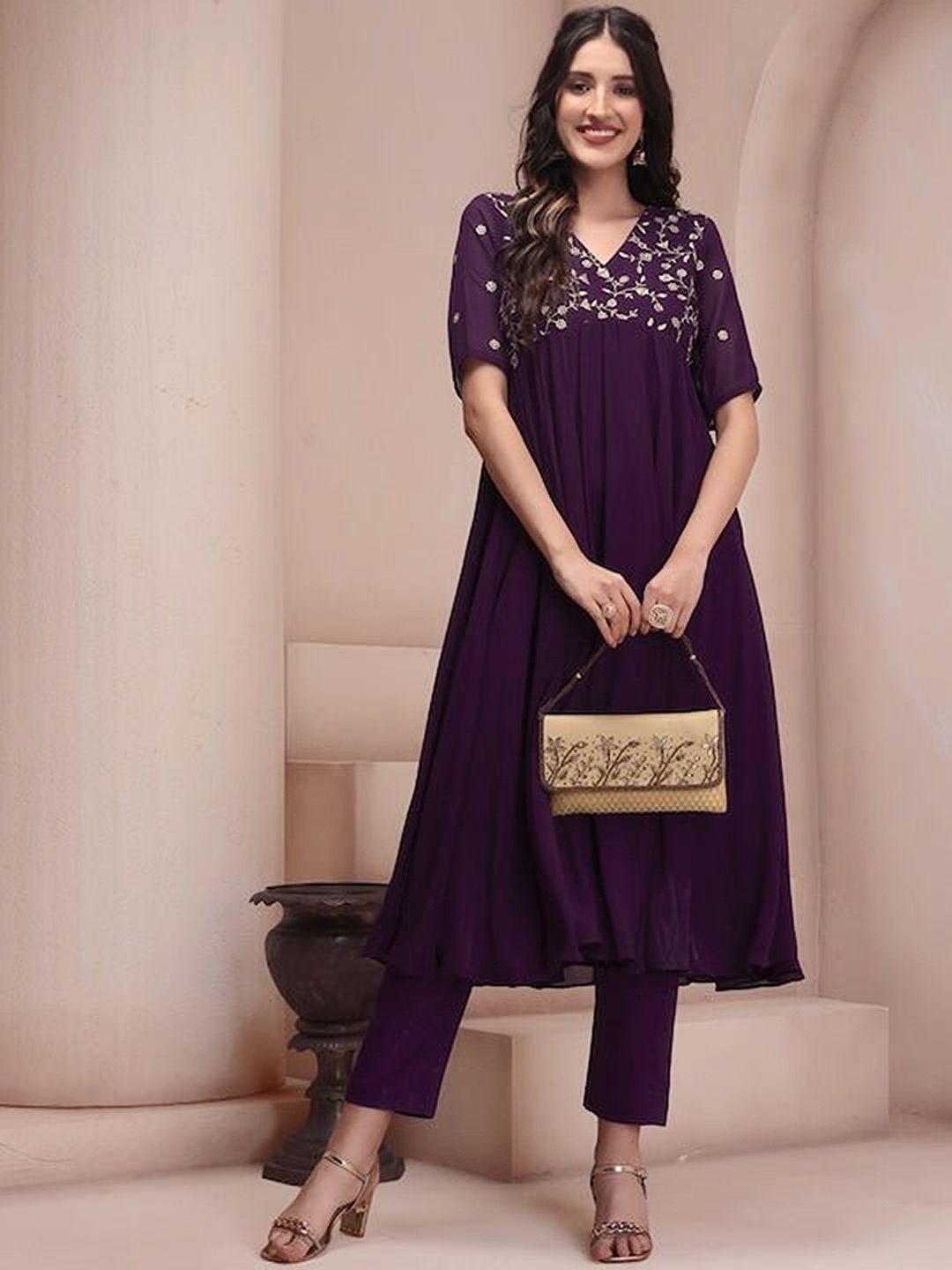 

Trendmalls Floral Embroidered V-Neck Anarkali Silk Georgette Kurta With Trousers, Purple