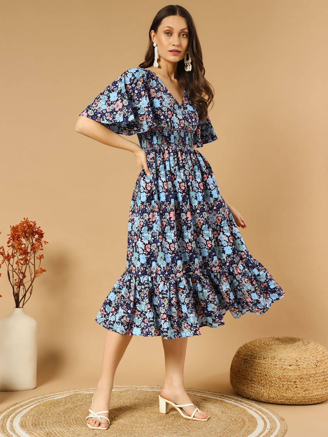 

ZWERLON Floral Print Flared Sleeve Applique Formal A-Line Midi Dress, Blue