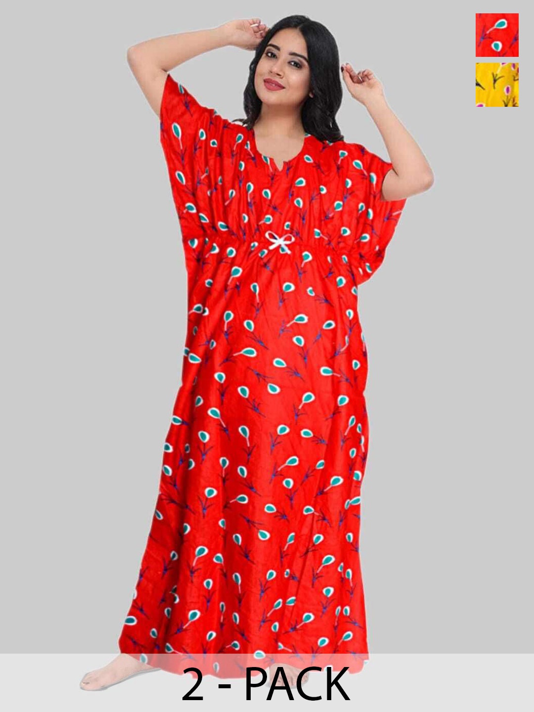 

PR PINK ROYAL Women Pack Of 2 Printed Maxi Nightdress, Red