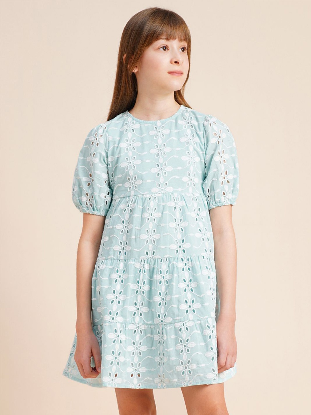 

Vero Moda Girls Floral Puff Sleeve Schiffli A-Line Dress, Blue