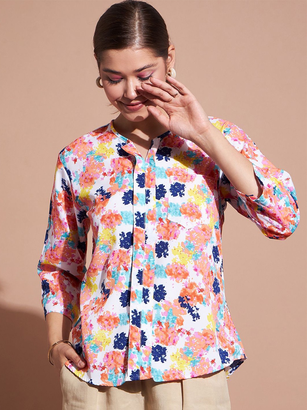 

DressBerry Floral Print Mandarin Collar Crepe Shirt Style Top, Pink