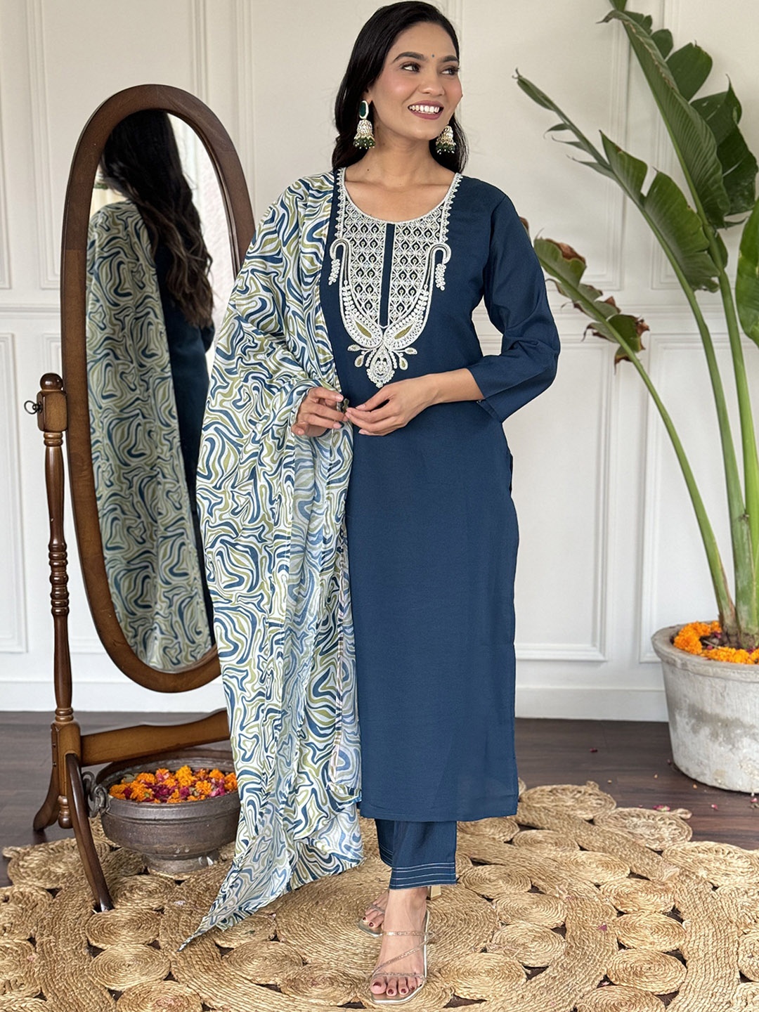 

Moda Rapido Ethnic Motifs Embroidered Cotton Silk Kurta With Trousers And Dupatta, Blue