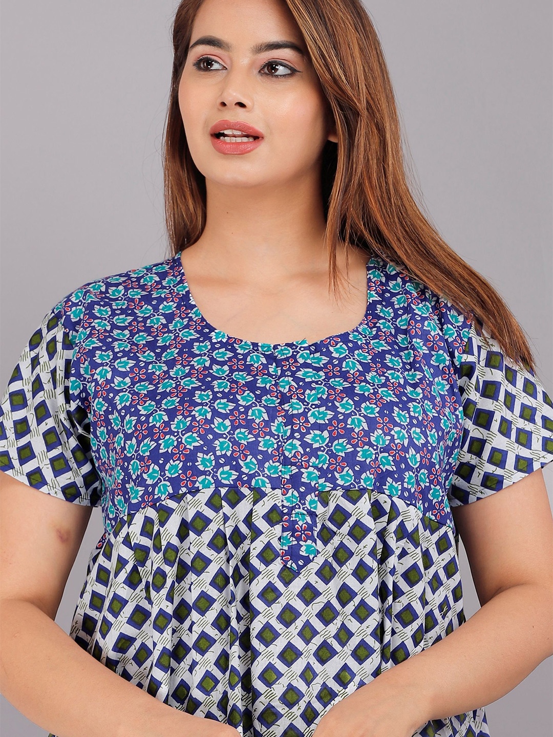

PR PINK ROYAL Women Printed Pure Cotton Maxi Nightdress, Blue