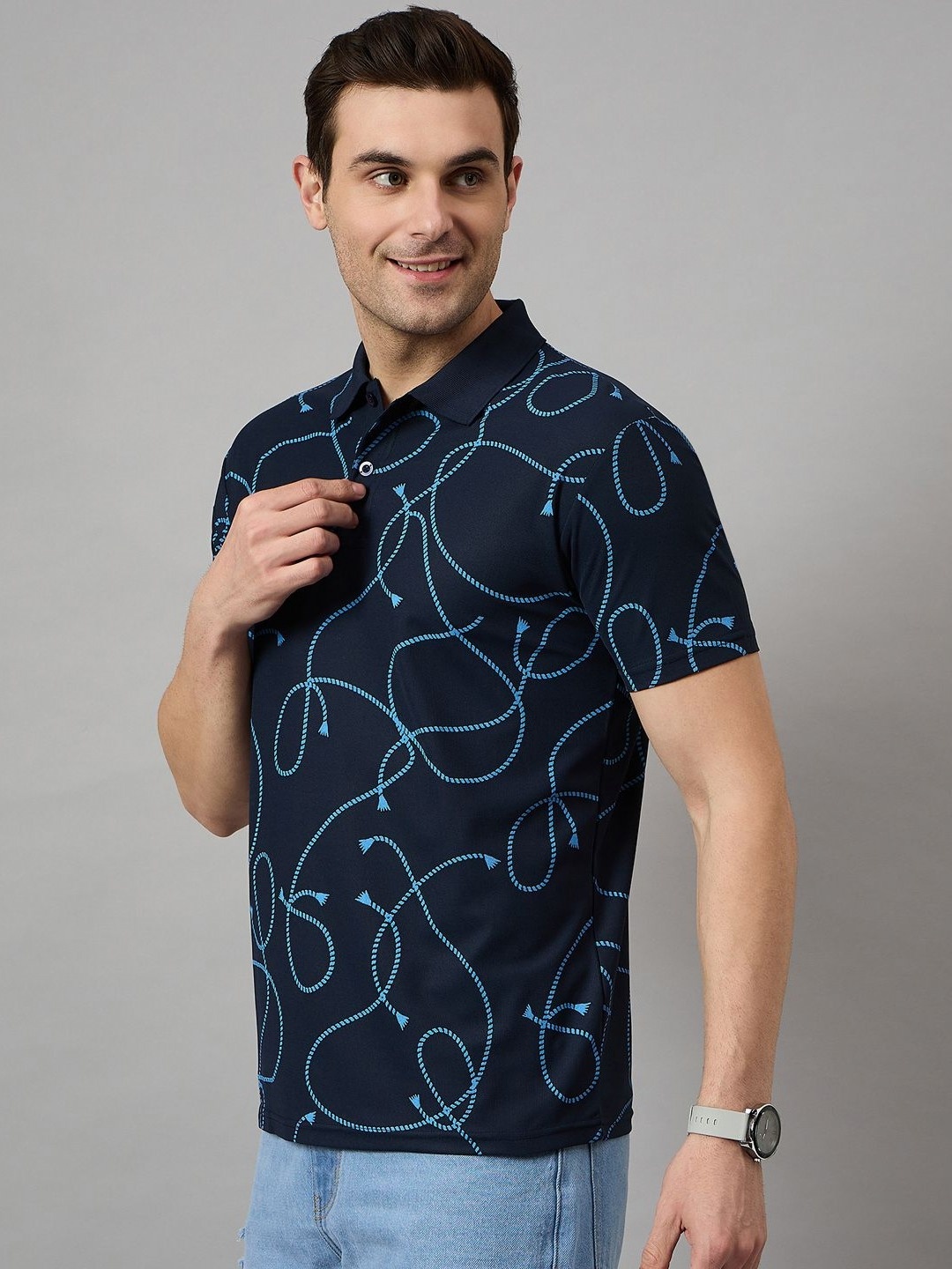

BRONATION Men Abstract Printed Polo Collar Cotton T-shirt, Navy blue