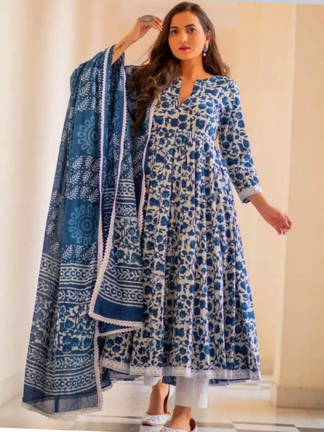 

Moda Rapido Floral Printed Notch Neck Anarkali Kurta With Trouser And Dupatta, Blue