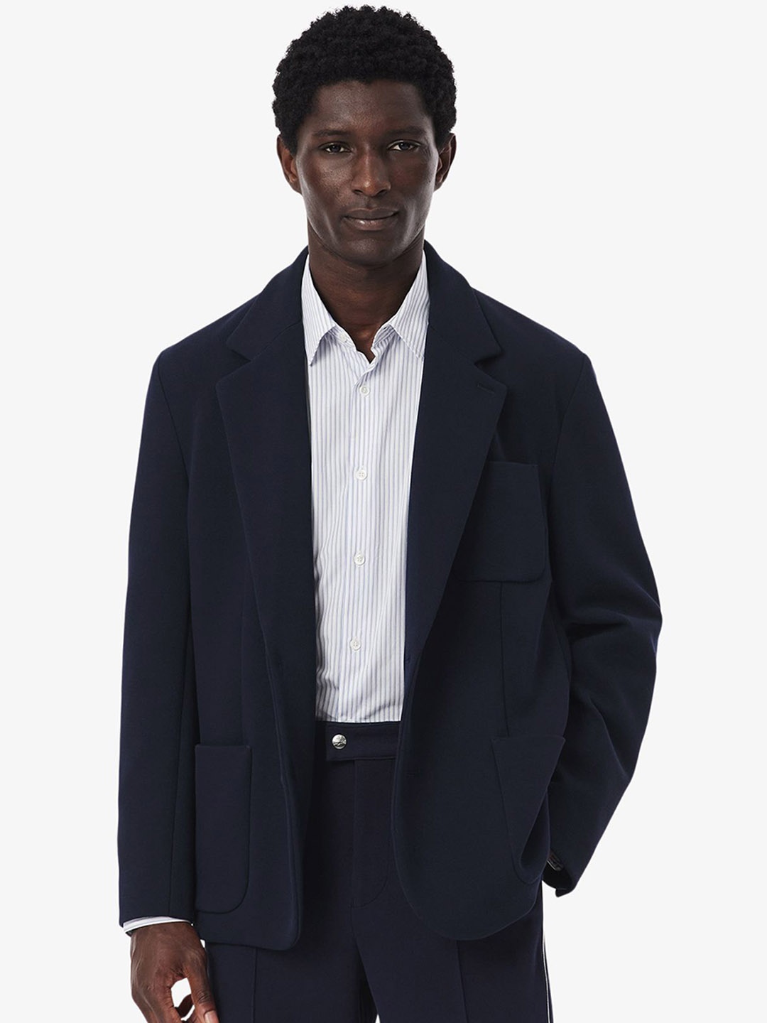 

Lacoste Notched Lapel Collar Single Breasted Cotton Blazer, Navy blue