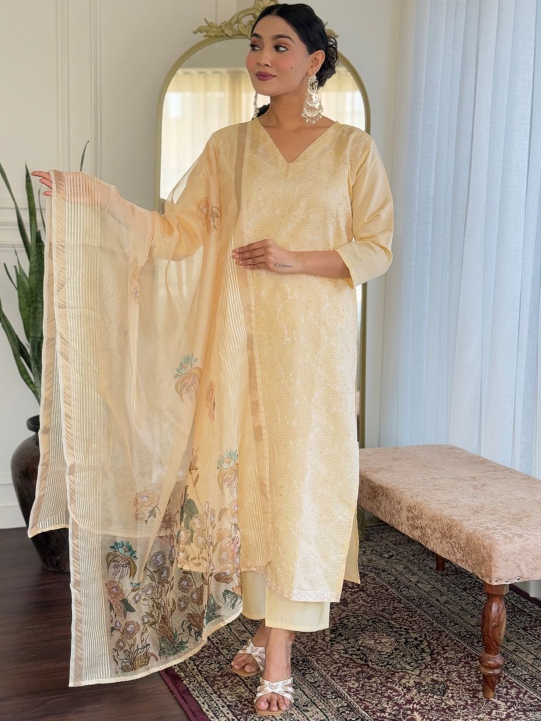 

Heavenly Attire Floral Embroidered Sequinned Pure Cotton Kurta with Trousers & Dupatta, Beige