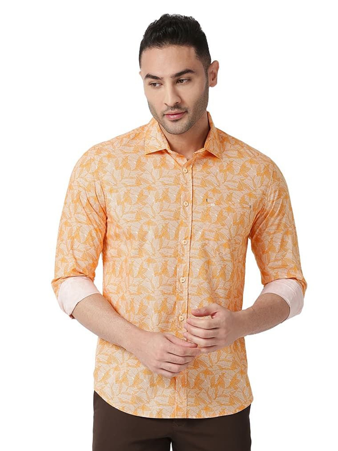 

Basics Men Relaxed Fit Spread Collar Floral Printed Cotton Casual Shirt, Yellow
