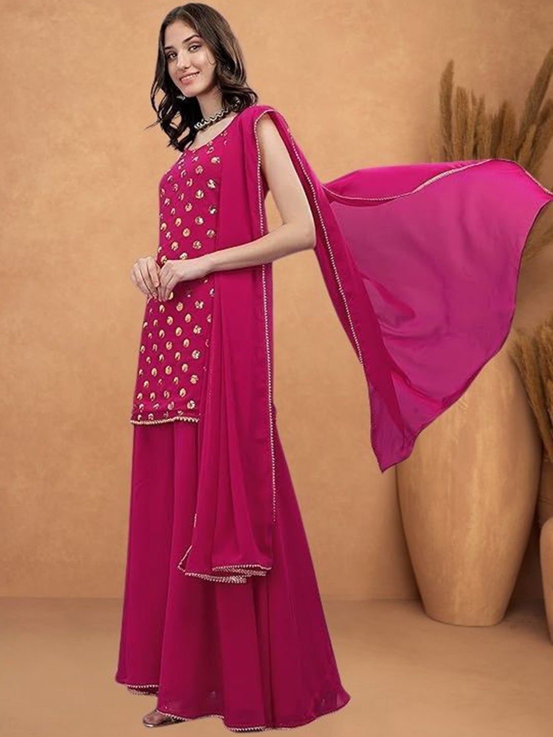 

PARROT CREATION Geometric Embroidered Sequinned Georgette Kurti with Sharara And Dupatta, Pink