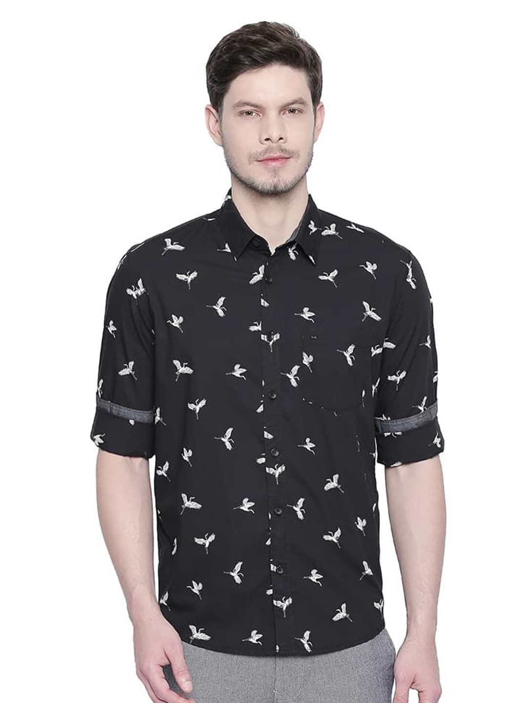 

Basics Men Relaxed Fit Spread Collar Conversational Printed Cotton Casual Shirt, Black