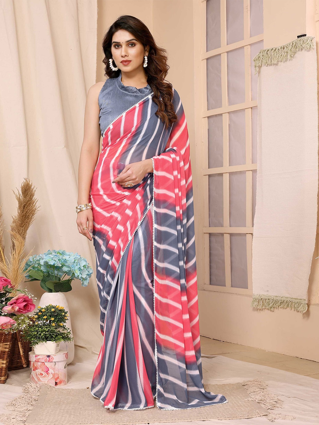 

DIVASTRI Leheriya Embroidered Ready to Wear Saree, Pink