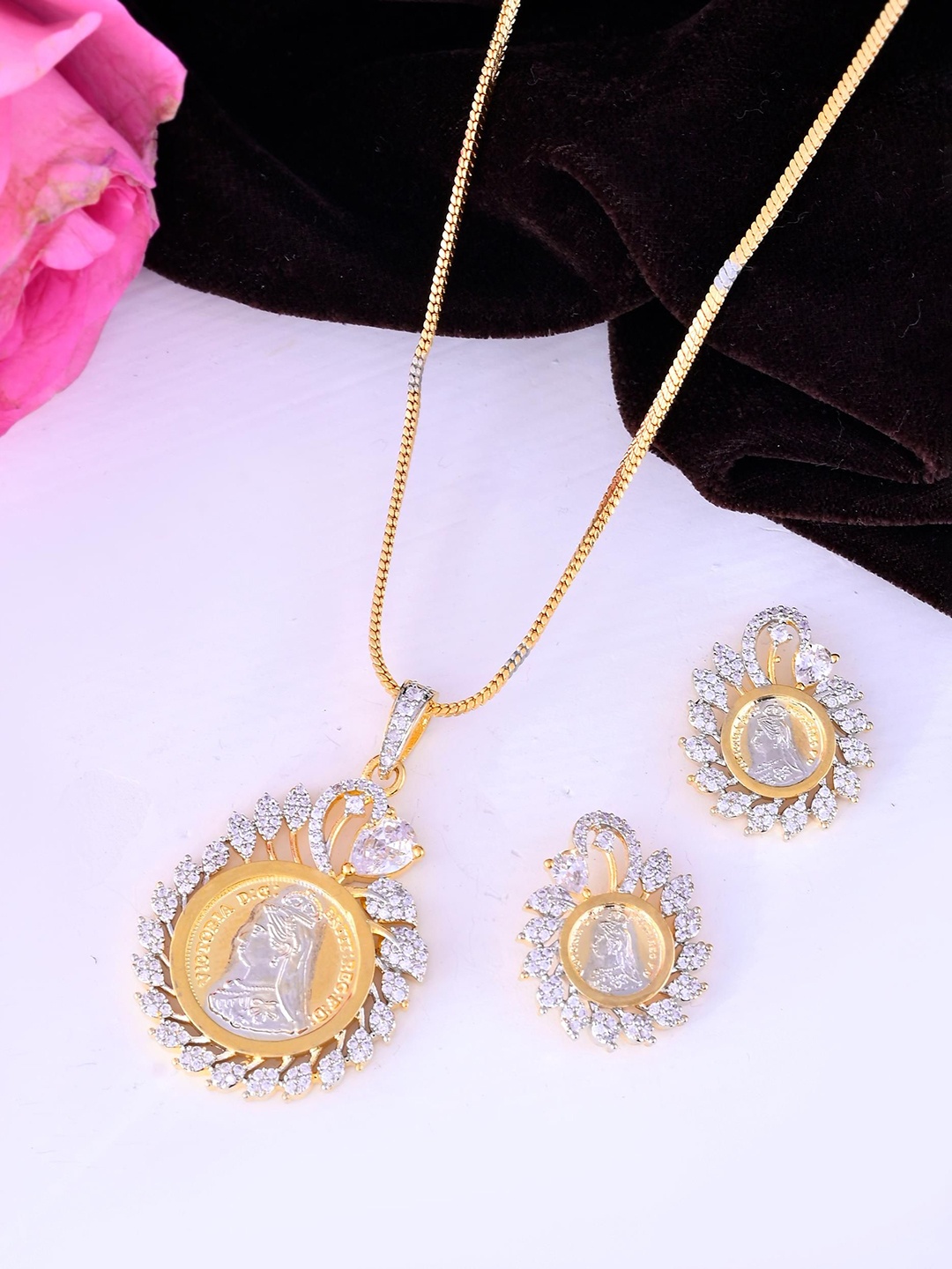 

VOJ Gold Plated American Diamond Studded Jewellery Set