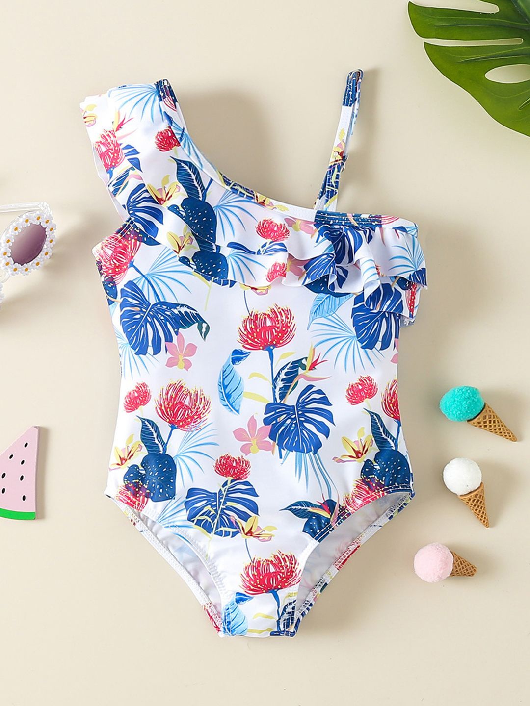 

YK Girls Printed Swimwear Bodysuit, White
