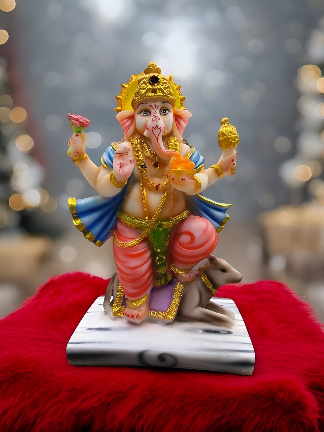 

Vrinban International Beige And Gold-Toned Religious Ganesha Idol Marble Showpiece