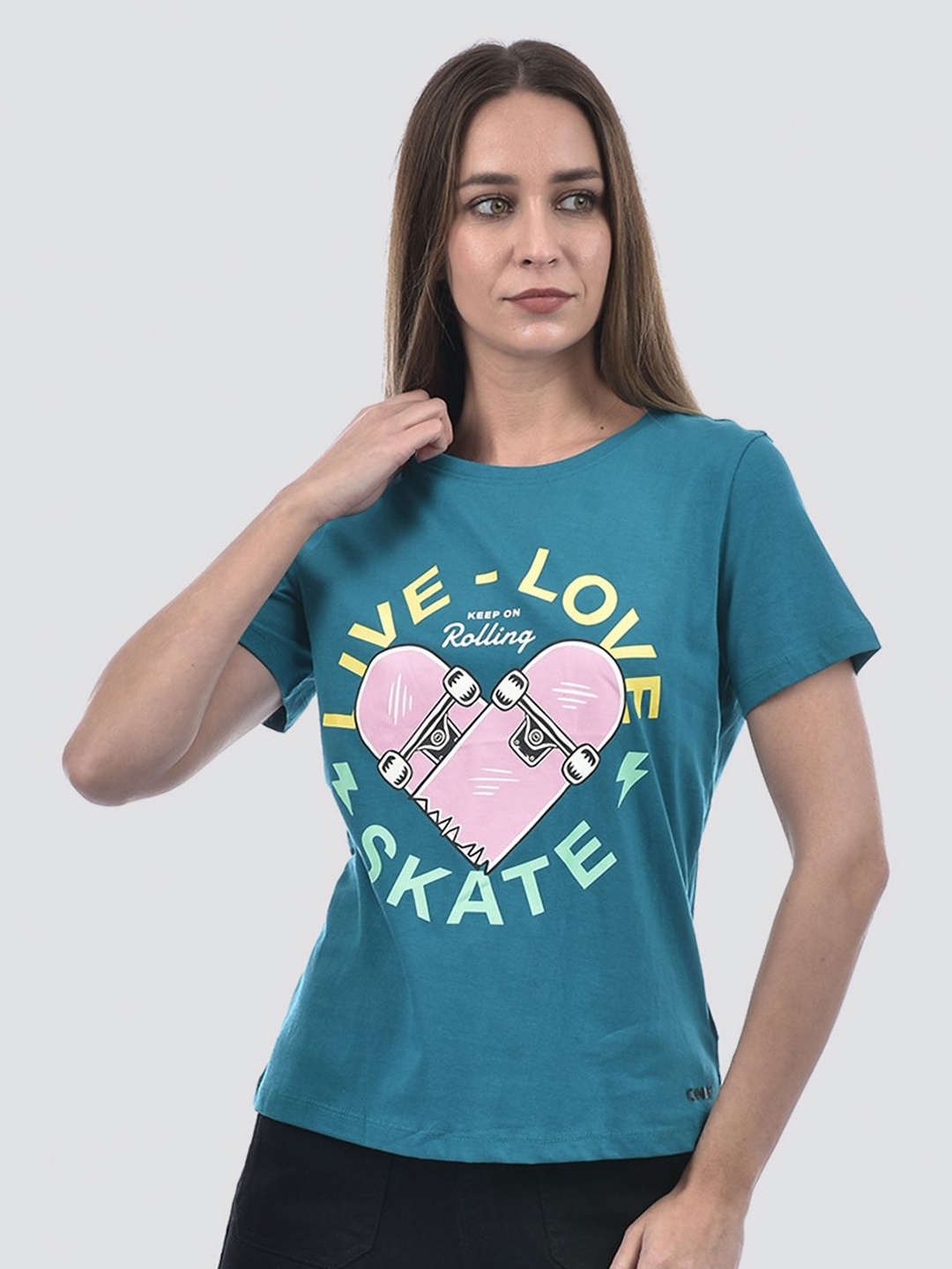 

ONLY Women Graphic Printed Round Neck Cotton T-shirt, Teal