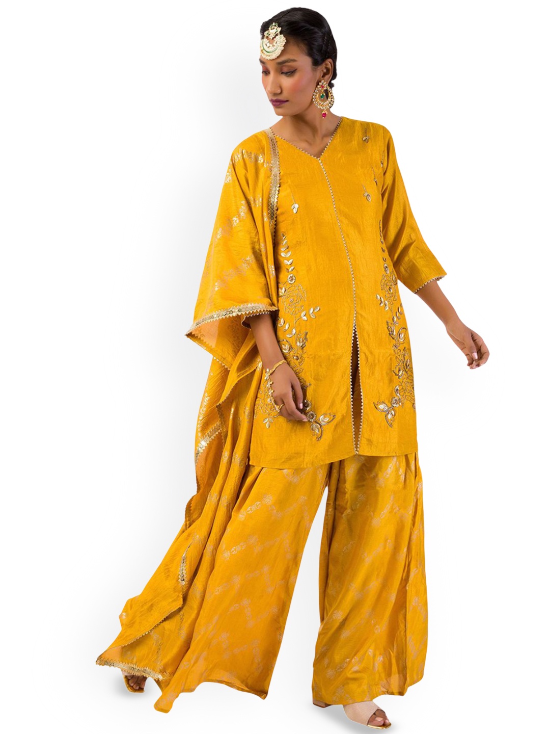 

Mystake By Meghna Shah Embroidered Dupion Silk Straight Kurta With Palazzos & Dupatta, Yellow