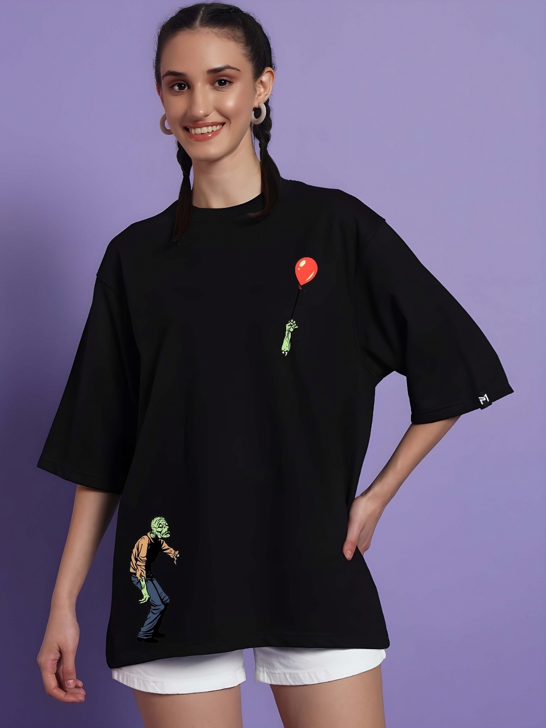 

SZN Women Graphic Printed Round Neck Cotton Oversized T-shirt, Black