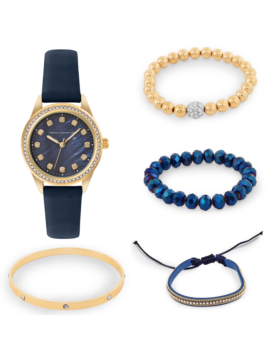 

French Connection Women Embellished Analogue Watch FCW15UL Gift Set, Navy blue