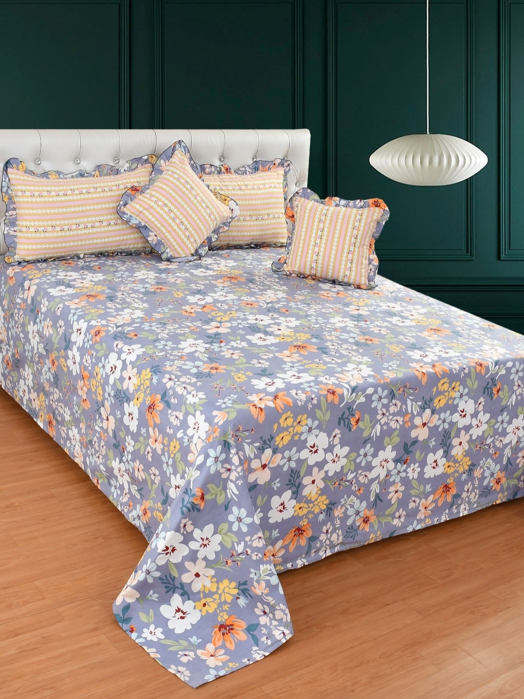 

MORADO Grey & Yellow Floral Printed Summer Double Queen Bedding Set