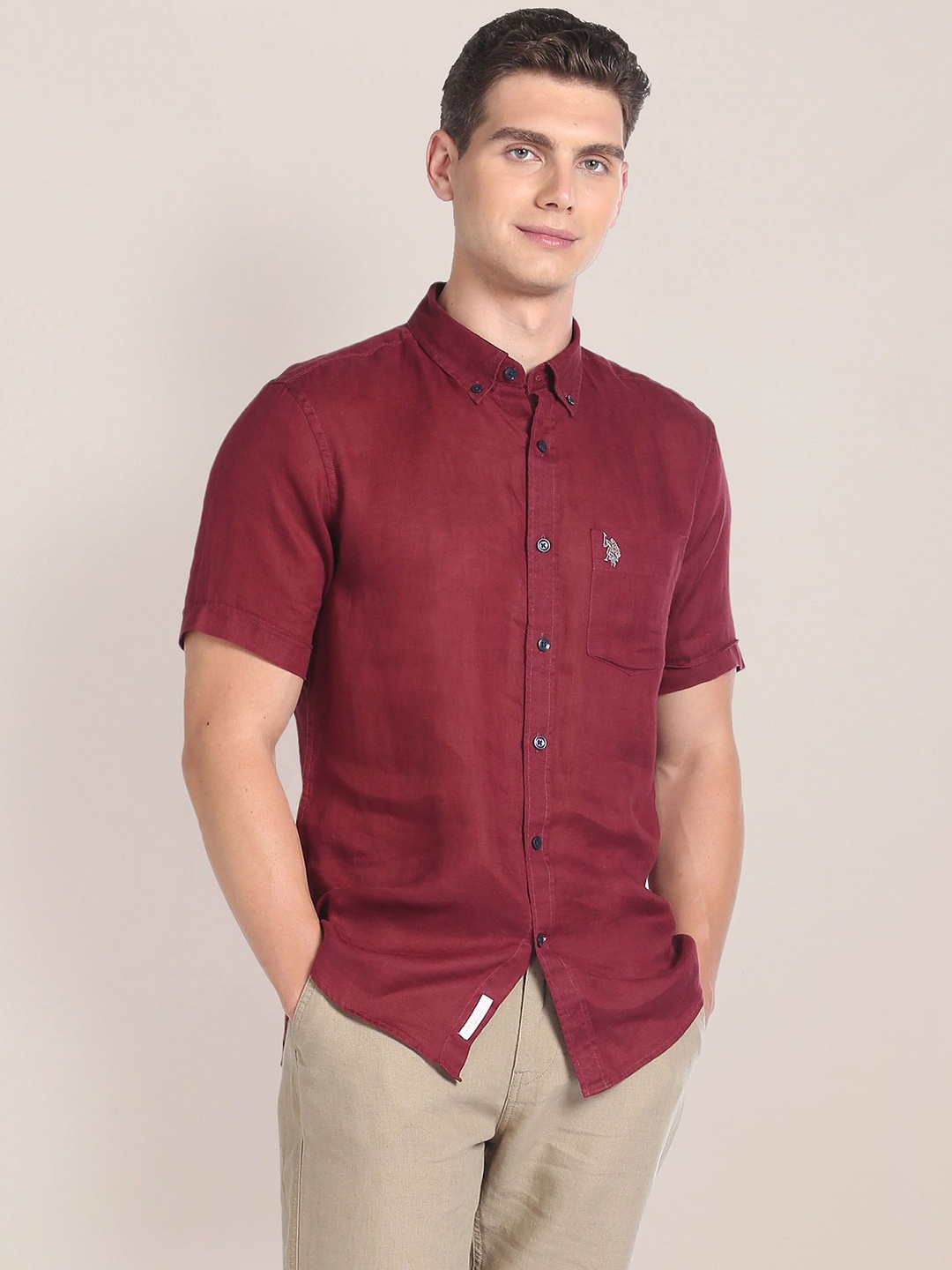 

U.S. Polo Assn. Men Slim Fit Button-Down Collar Solid Linen Casual Shirt, Red