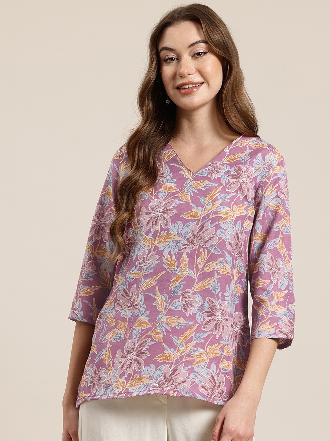 

HERE&NOW Floral Printed V-Neck Straight Kurti, Purple