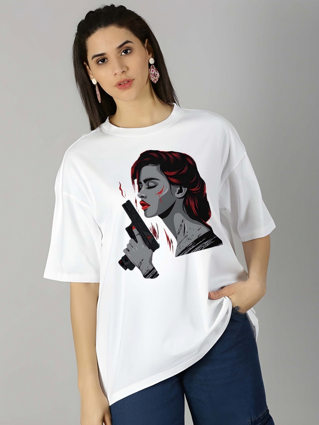 

SZN Women Graphic Printed Round Neck Cotton Oversized T-shirt, White