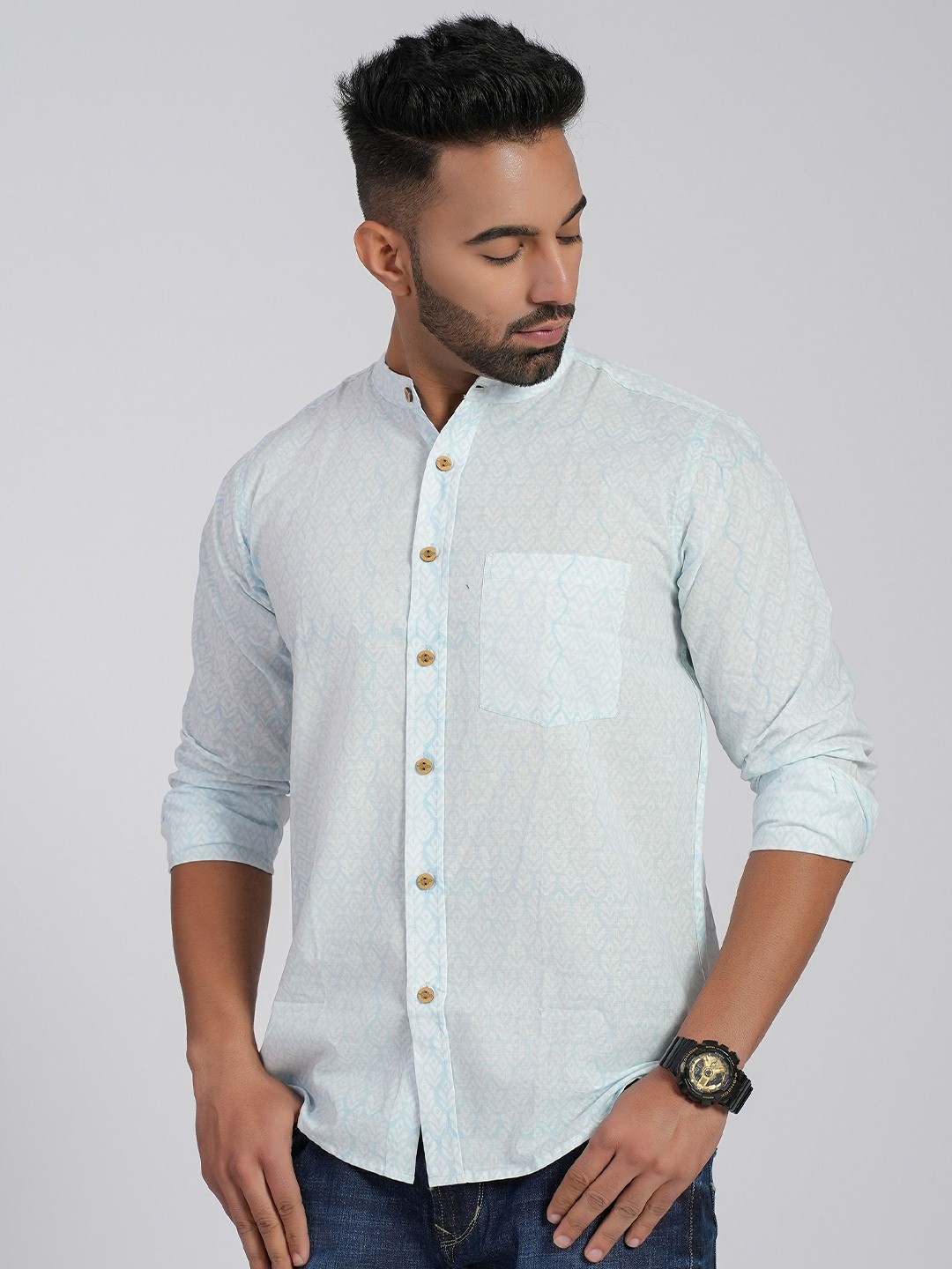 

Cotton Curio Men Comfort Fit Band Collar Floral Printed Cotton Casual Shirt, White