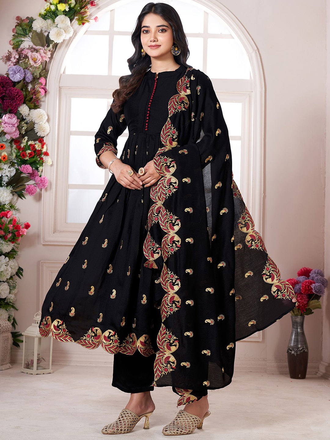 

KALINI Ethnic Motifs Zari Work Mandarin Collar Anarkali Kurta With Palazzos And Dupatta, Black