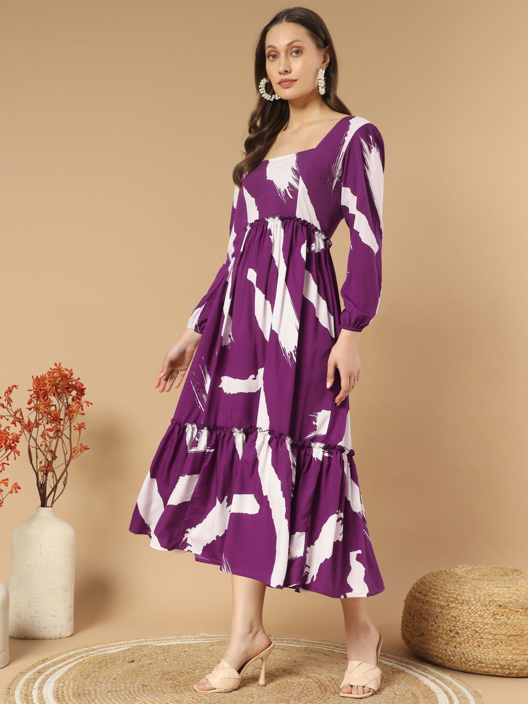 

ZWERLON Printed Smocked Fit & Flare Midi Dress, Purple