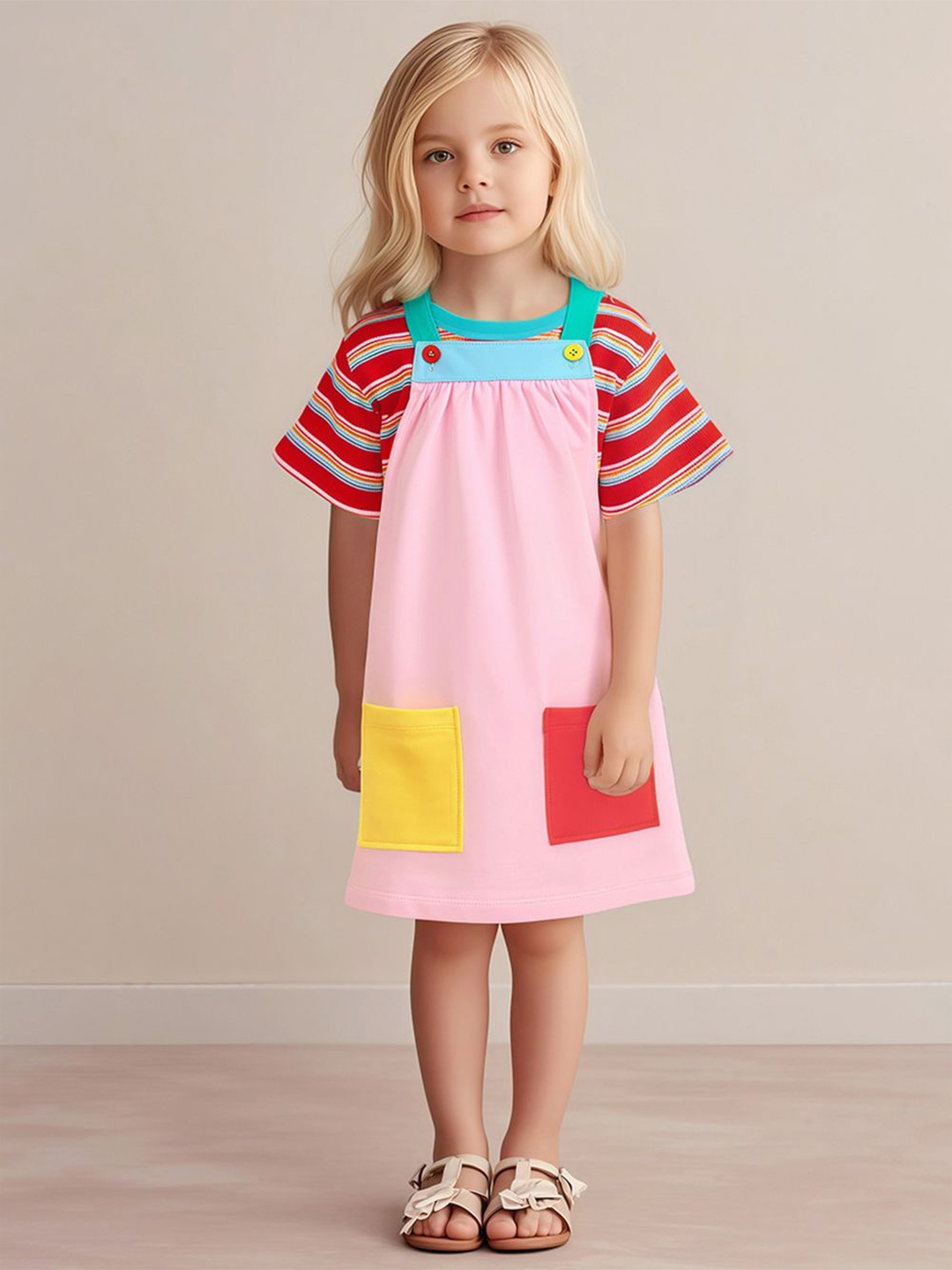 

StyleCast x Revolte Girls Cotton Pinafore Dress With Tshirt, Pink