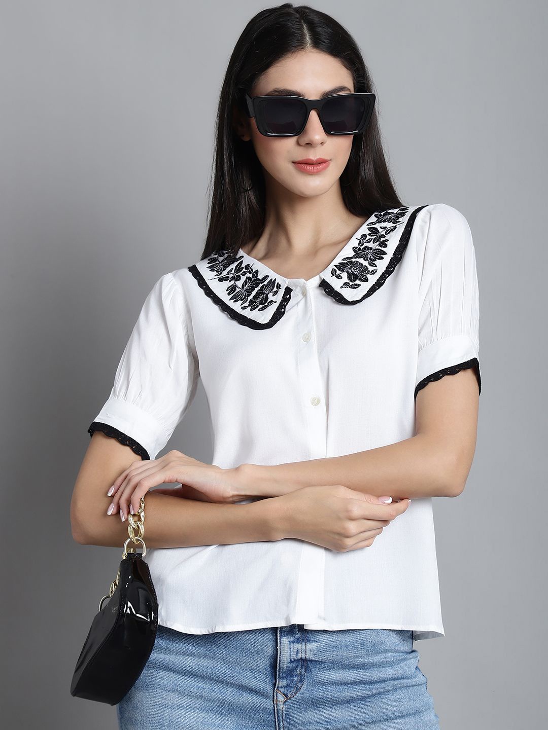 

JAINISH Women Floral Embroidered Peter Pan Collar Shirt Style Top, White