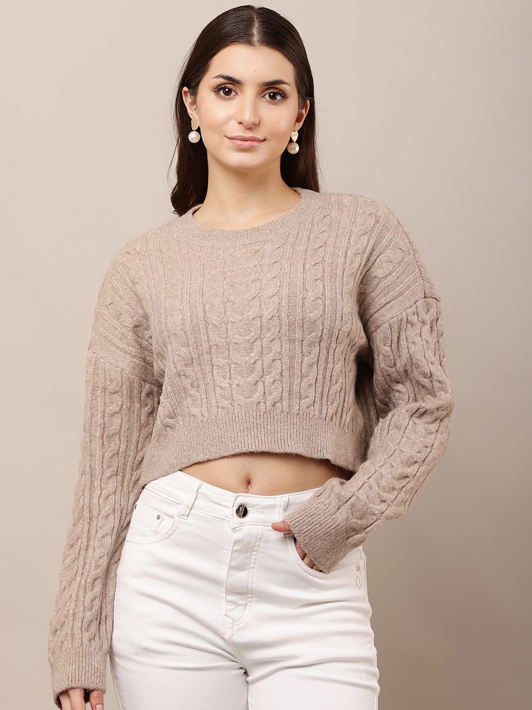 

NoBarr Women Cable Knit Crop Pullover, Brown